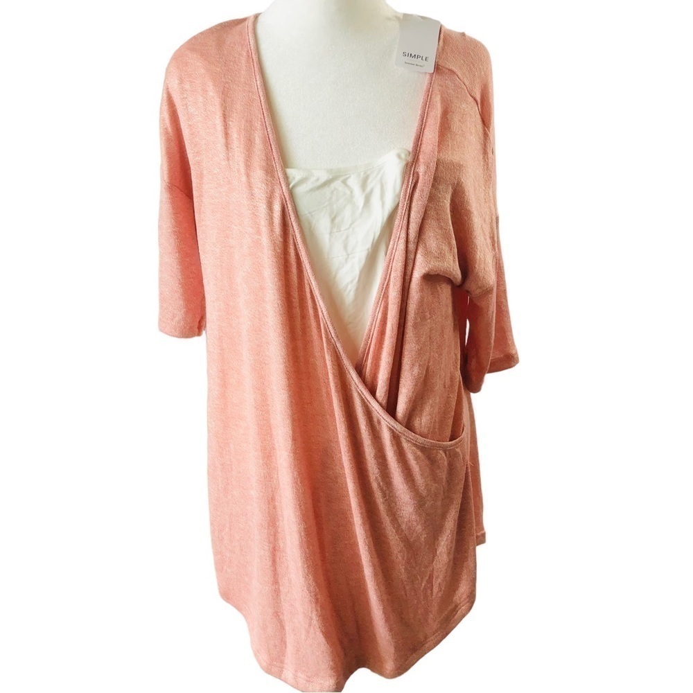 NEW Simple Suzanne Betro Knit Top Women XL Pink White Faux Wrap Front